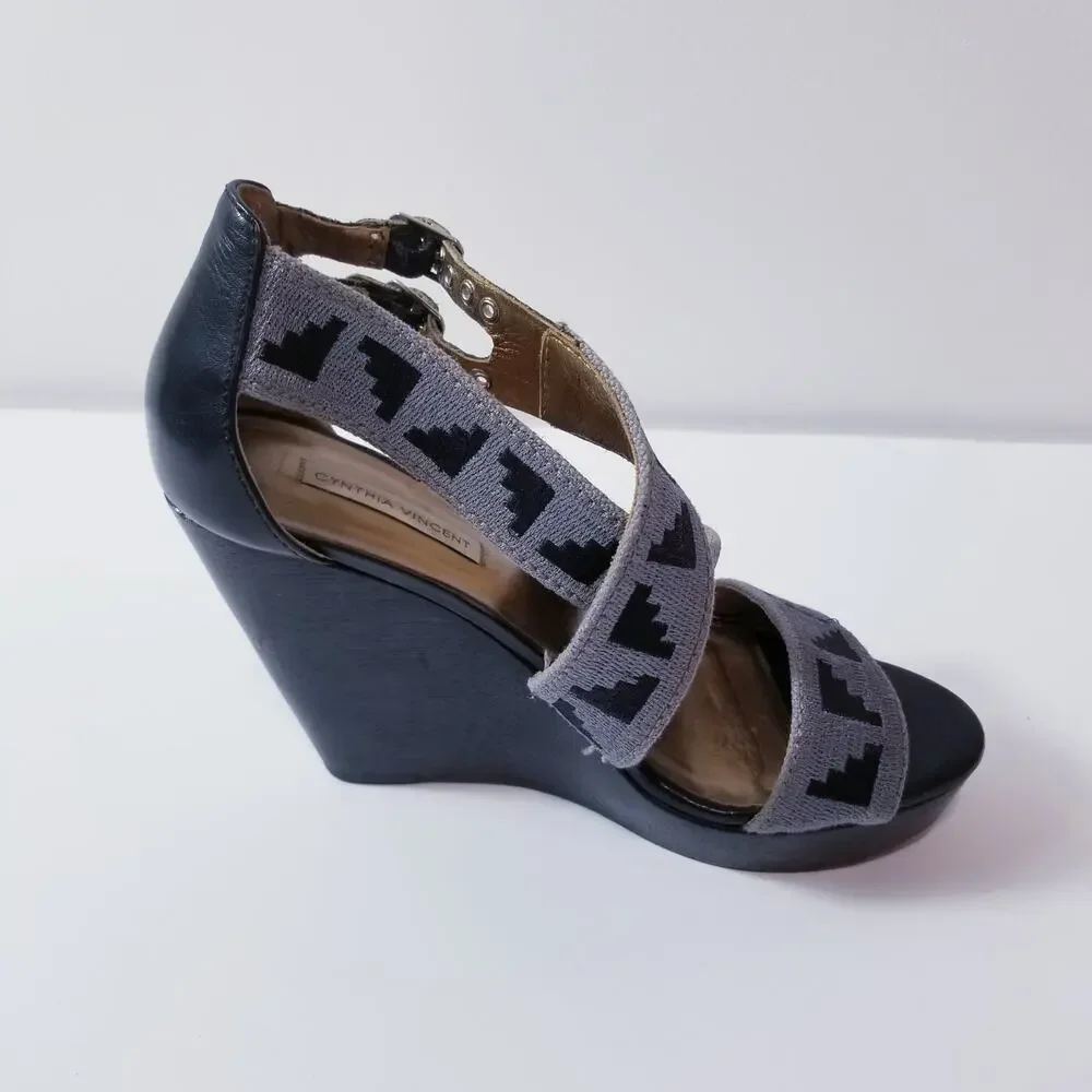 Cynthia Vincent Gray Tribal Wedge Sandals